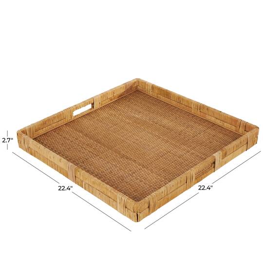 23" x 22" Brown Handmade Woven Rattan Living Room Décor Tray with Slot Handles